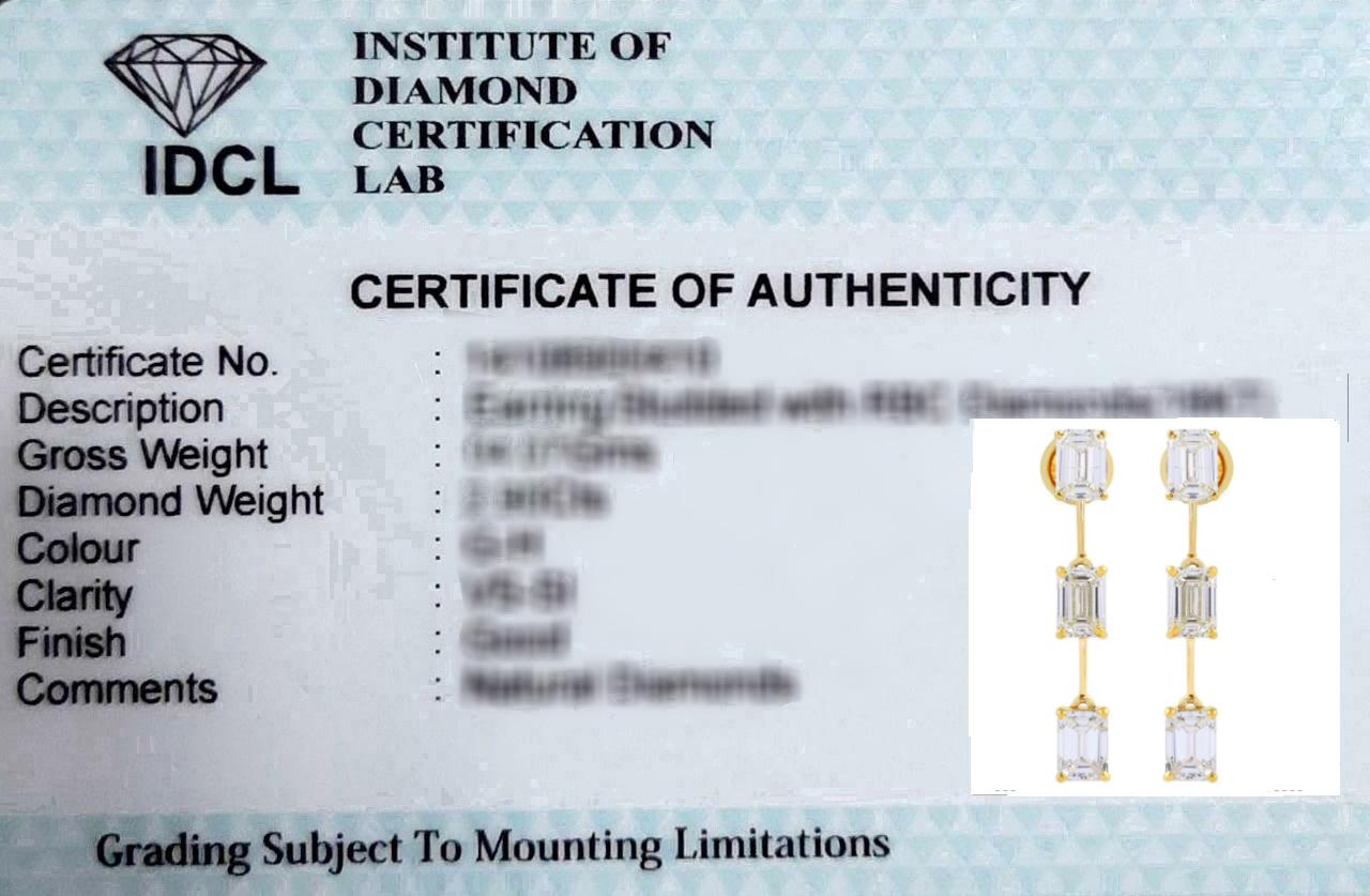 6.00 Carat SI Clarity HI Color Emerald Cut Diamond Earrings 14 Karat Yellow Gold For Sale 2