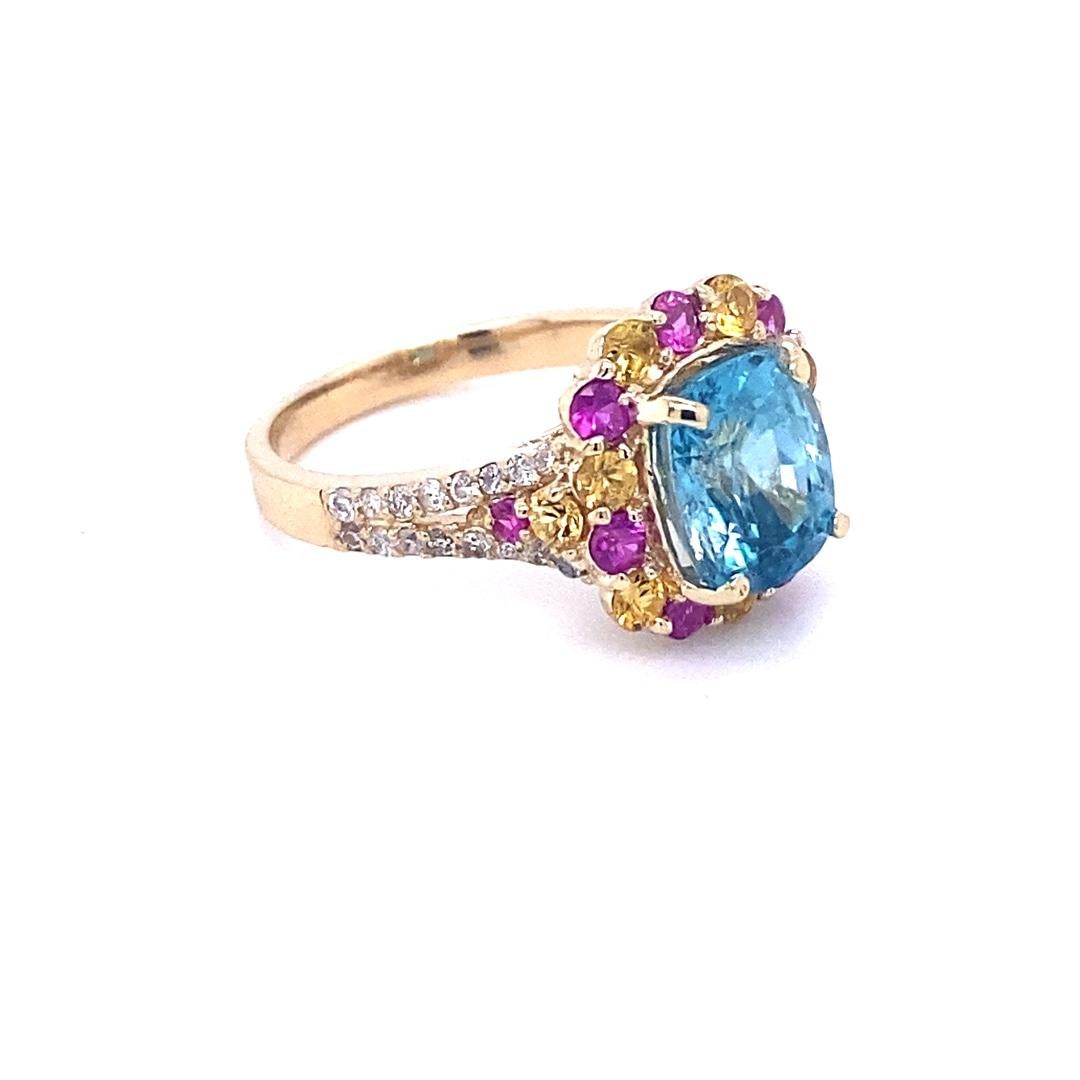 Contemporary 6.00 Carat Zircon Sapphire Diamond Yellow Gold Engagement Ring For Sale