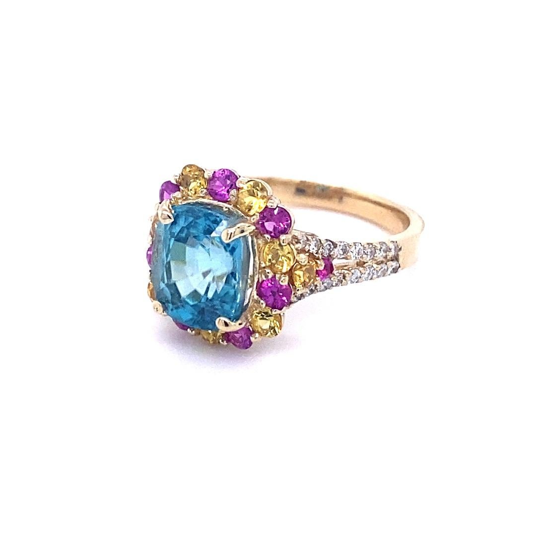 Cushion Cut 6.00 Carat Zircon Sapphire Diamond Yellow Gold Engagement Ring For Sale
