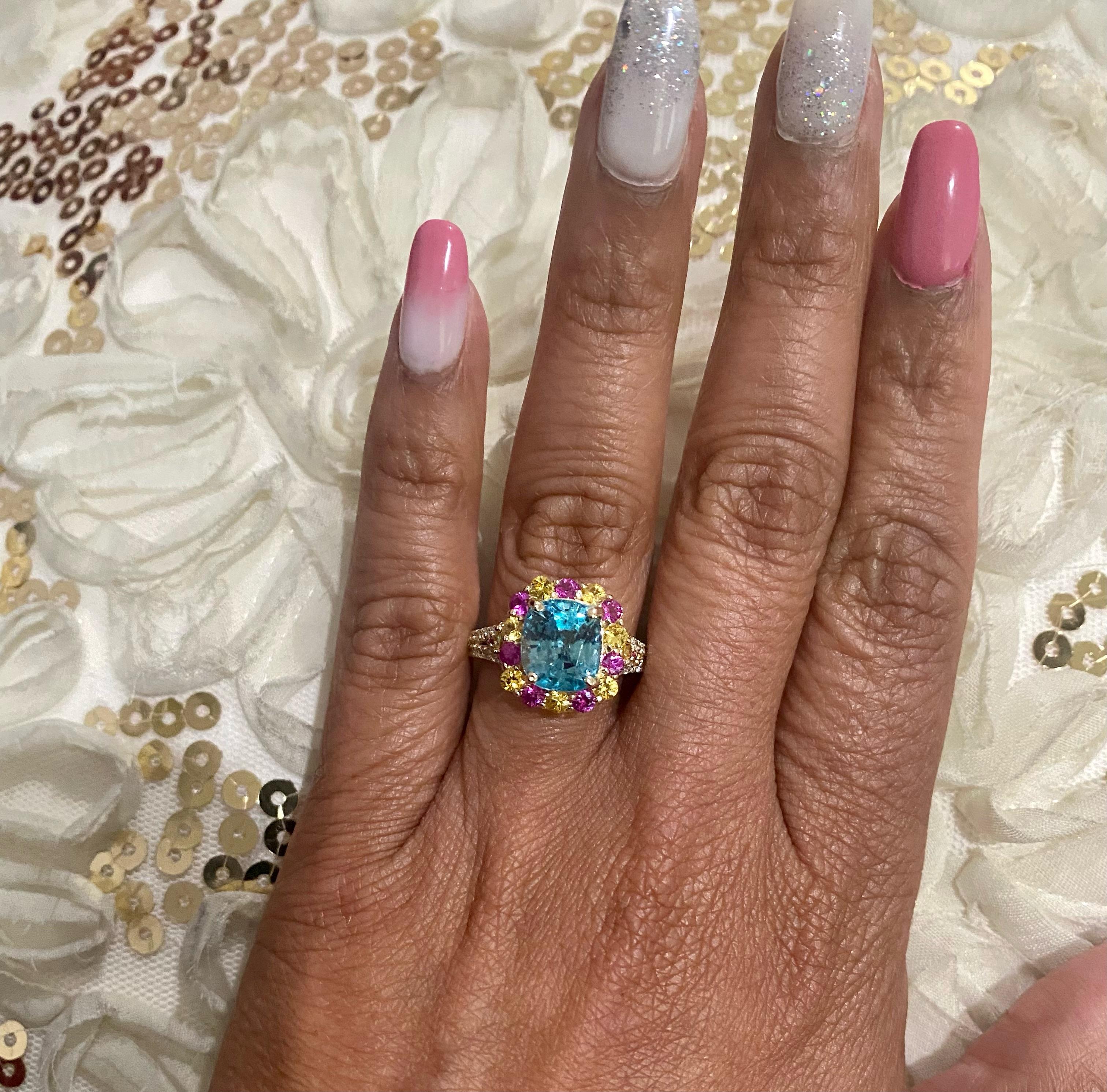 6.00 Carat Zircon Sapphire Diamond Yellow Gold Engagement Ring In New Condition For Sale In Los Angeles, CA