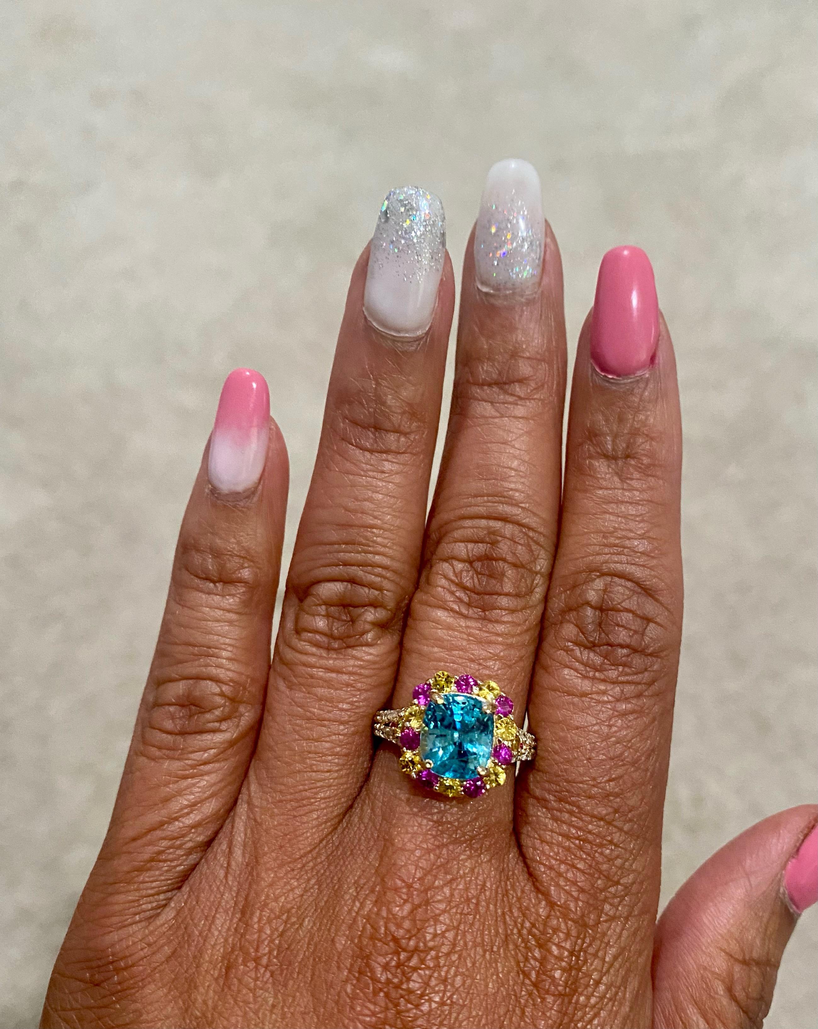 6.00 Carat Zircon Sapphire Diamond Yellow Gold Engagement Ring For Sale 1