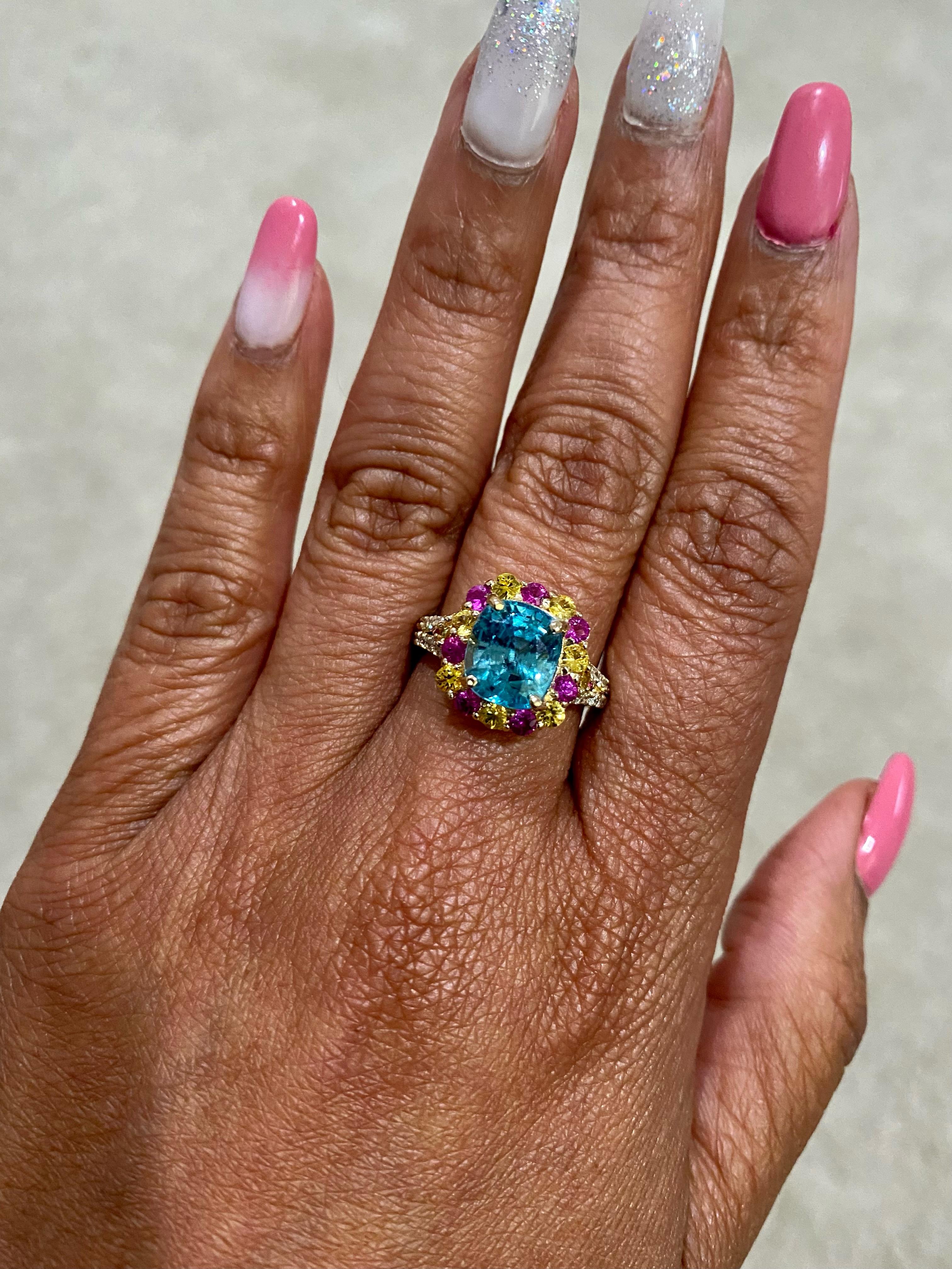 6.00 Carat Zircon Sapphire Diamond Yellow Gold Engagement Ring For Sale 2