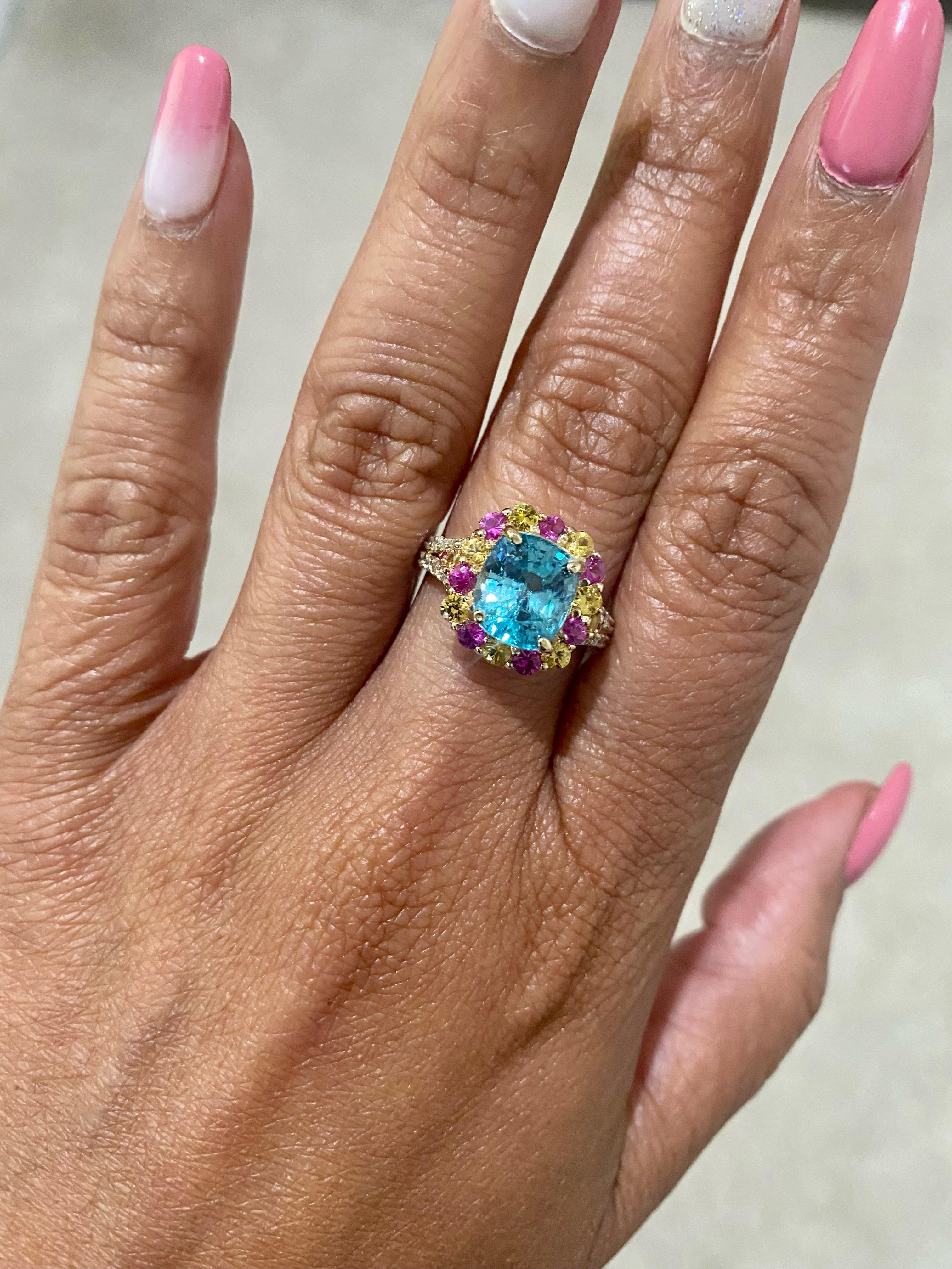 6.00 Carat Zircon Sapphire Diamond Yellow Gold Engagement Ring For Sale 3