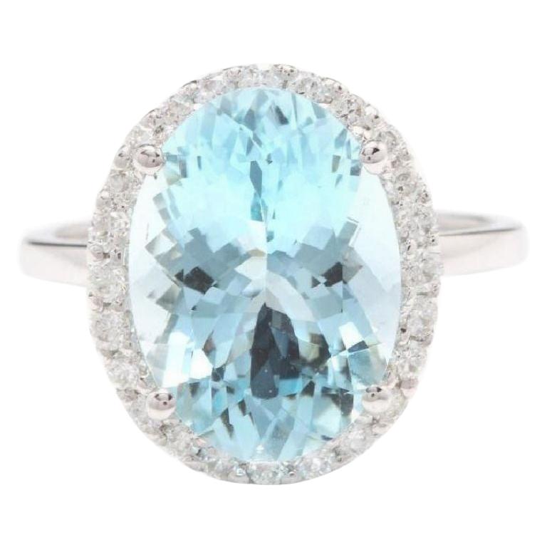 6.00 Carat Exquisite Natural Aquamarine and Diamond 14K Solid White Gold Ring