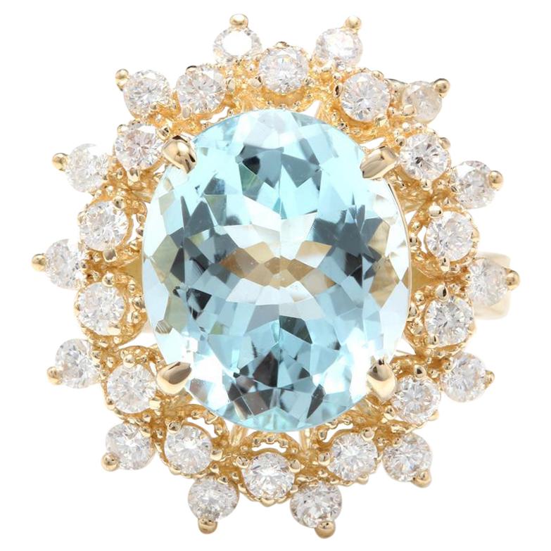 7.59 Carat Exquisite Natural Aquamarine and Diamond 14K Solid Yellow ...