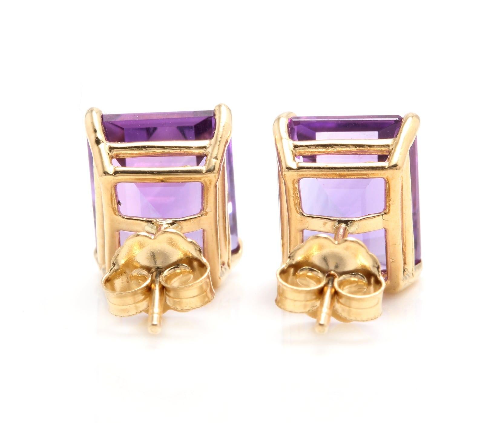 Emerald Cut 6.00 Carats Natural Amethyst 14k Solid Yellow Gold Stud Earrings For Sale