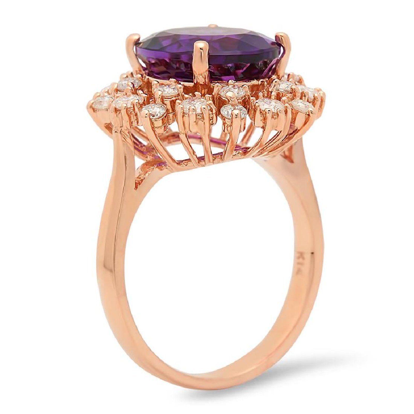 Anillo de oro rosa macizo de 14 quilates con amatista natural y diamante de 6,00 quilates

Peso total de la amatista natural de talla oval: Aprox. 5,00 Quilates

Medidas de la Amatista: Aprox. 12.00 x 10.00mm

Diamantes Redondos Naturales Peso: