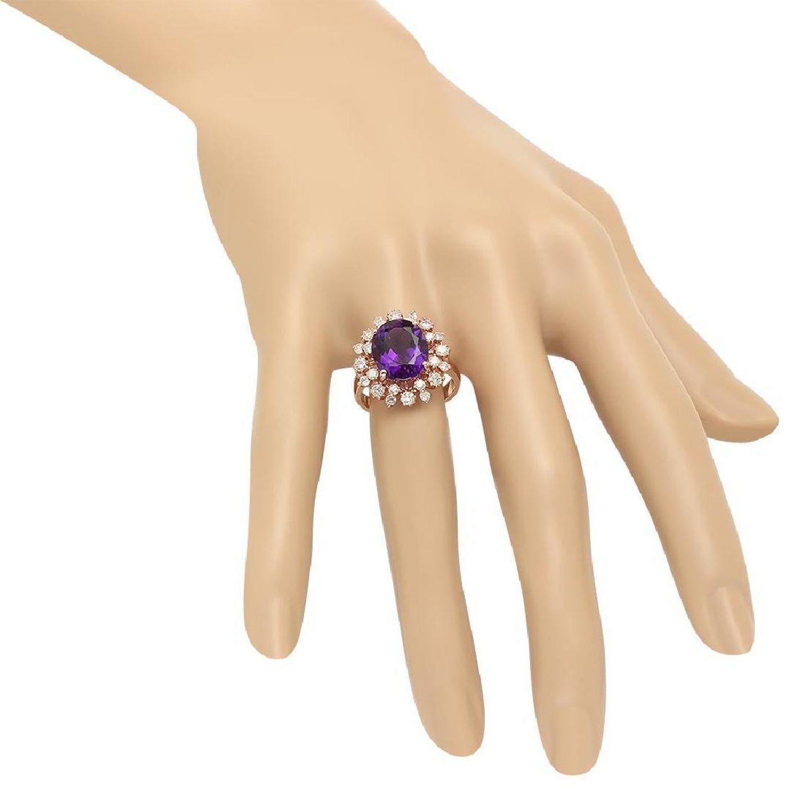 Mixed Cut 6.00 Carat Natural Amethyst and Diamond 14 Karat Solid Rose Gold Ring For Sale