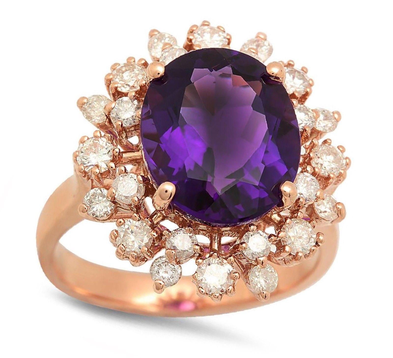 6.00 Carat Natural Amethyst and Diamond 14 Karat Solid Rose Gold Ring In New Condition For Sale In Los Angeles, CA