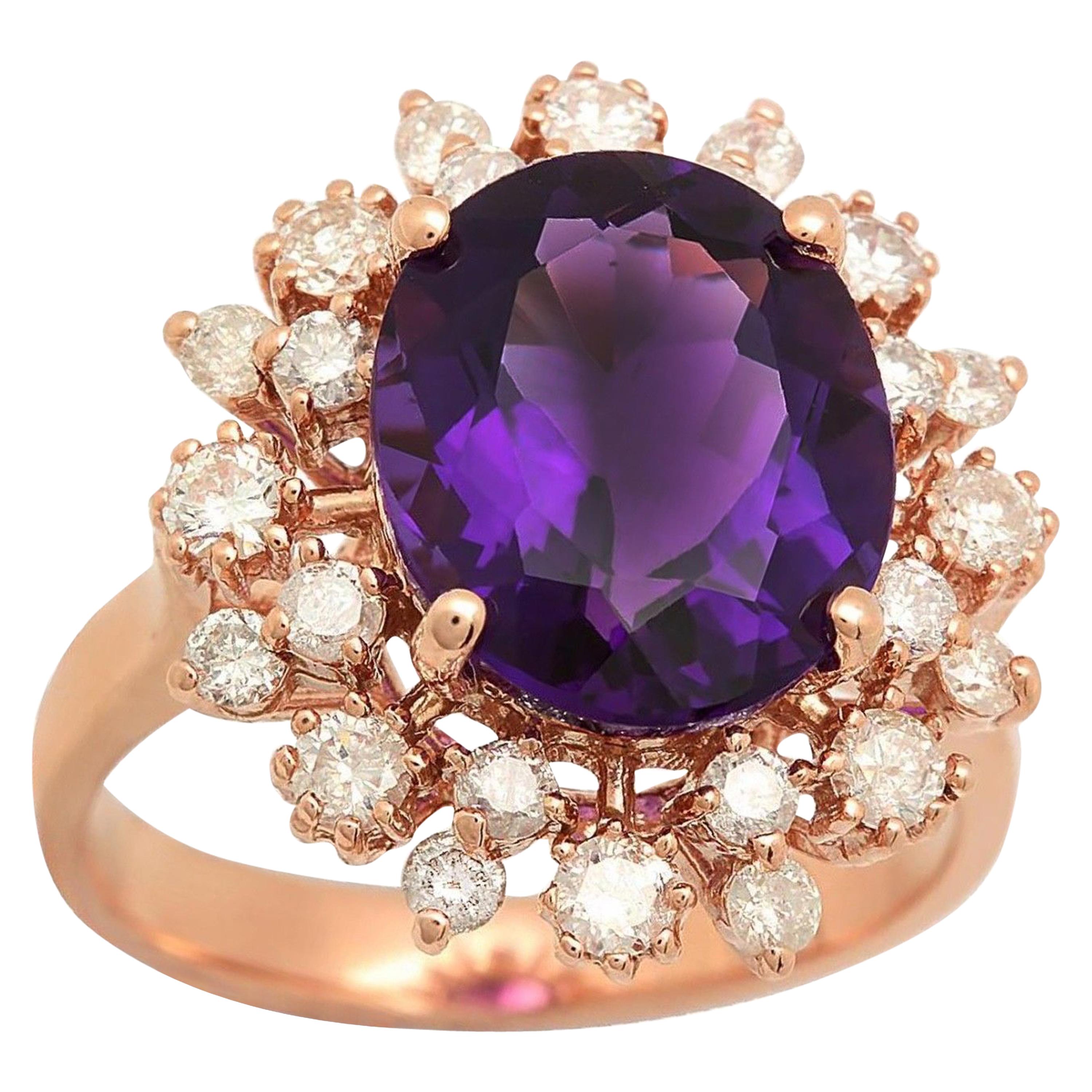 6.00 Carat Natural Amethyst and Diamond 14 Karat Solid Rose Gold Ring