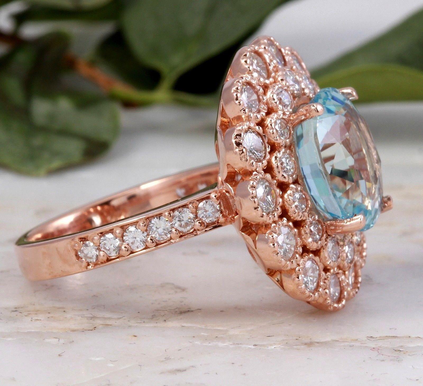 Rose Cut 6.00 Carat Natural Aquamarine and Diamond 14 Karat Solid Rose Gold Ring For Sale