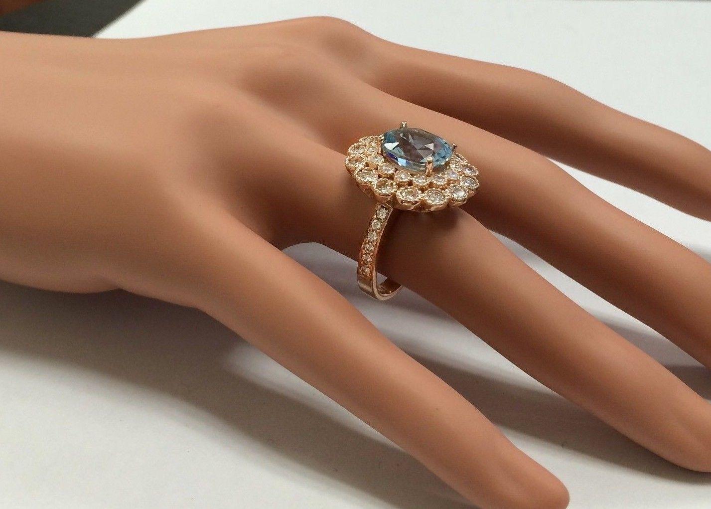 Anillo de oro rosa macizo de 14 quilates con aguamarina natural y diamantes de 6,00 quilates en venta 1