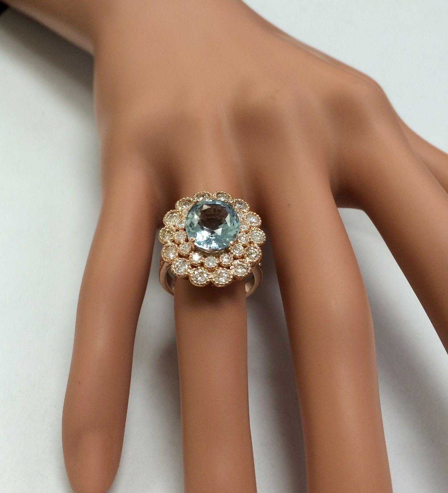 Anillo de oro rosa macizo de 14 quilates con aguamarina natural y diamantes de 6,00 quilates en venta 2