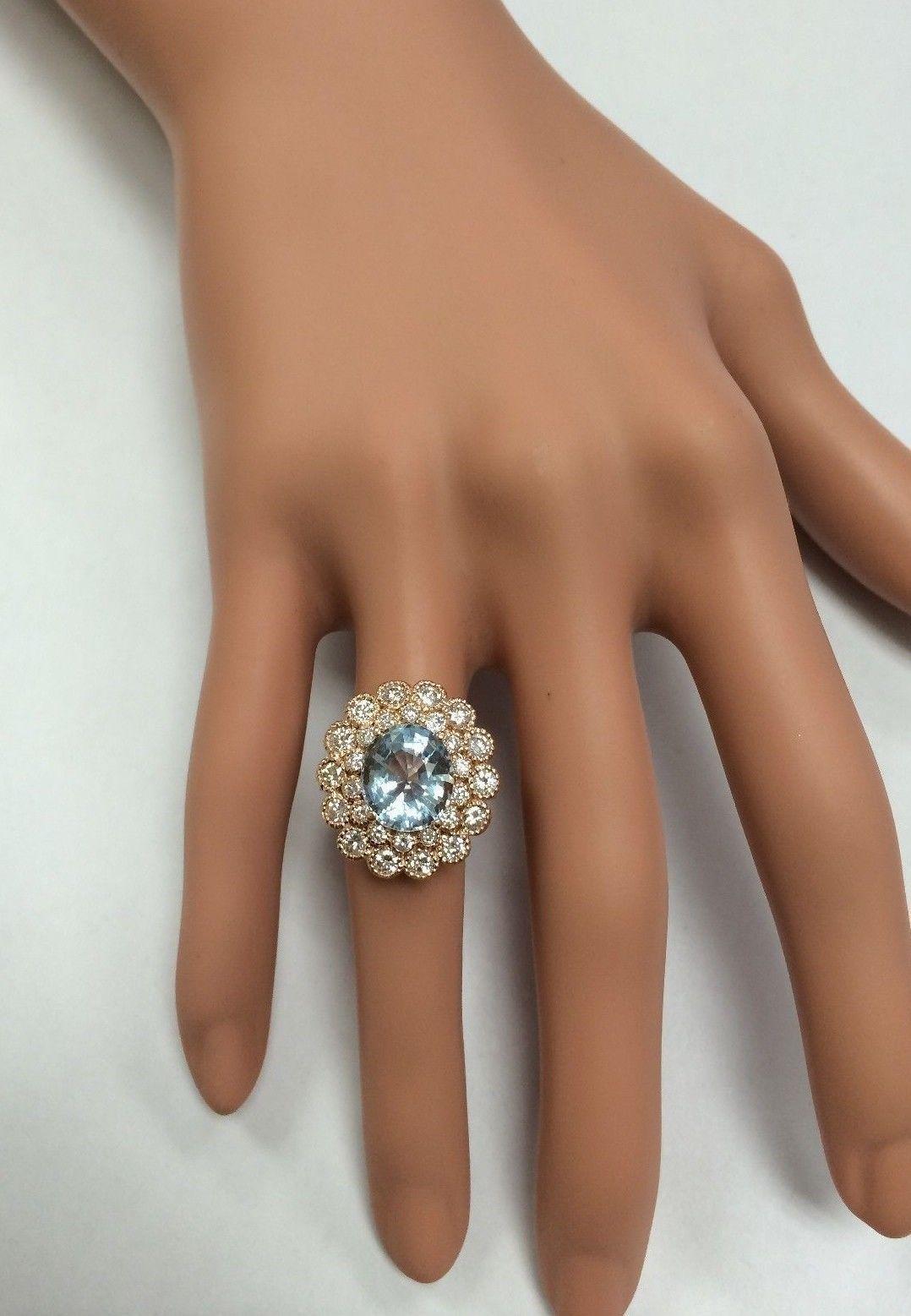 Anillo de oro rosa macizo de 14 quilates con aguamarina natural y diamantes de 6,00 quilates en venta 3