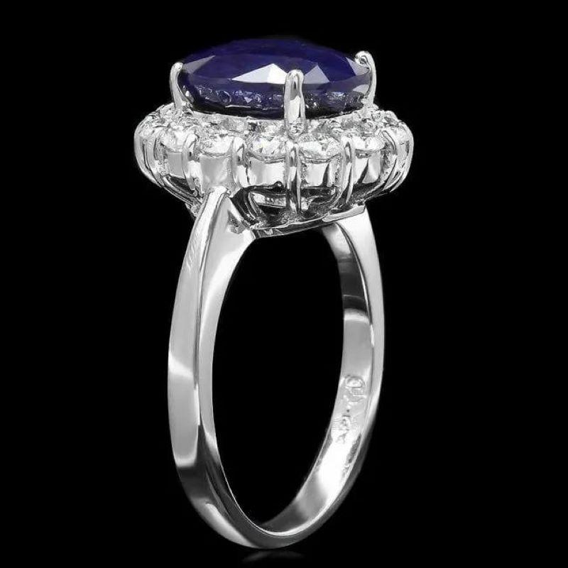 6.00 Carats Natural Blue Sapphire and Diamond 14K Solid White Gold Ring

Total Blue Sapphire Weight is: Approx. 5.00 Carats

Natural Sapphire Measures: Approx. 11.00 x 9.00mm

Sapphire treatment: Diffusion

Natural Round Diamonds Weight: Approx.