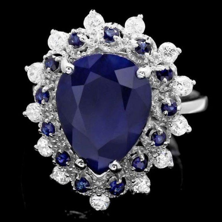 Mixed Cut 6.00 Carats Natural Blue Sapphire and Diamond 14K Solid White Gold Ring For Sale