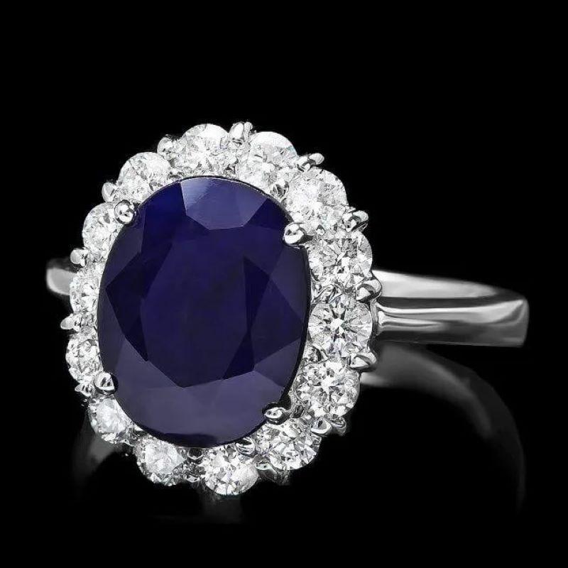 Mixed Cut 6.00 Carats Natural Blue Sapphire and Diamond 14K Solid White Gold Ring For Sale