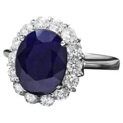 6.00 Carats Natural Blue Sapphire and Diamond 14K Solid White Gold Ring