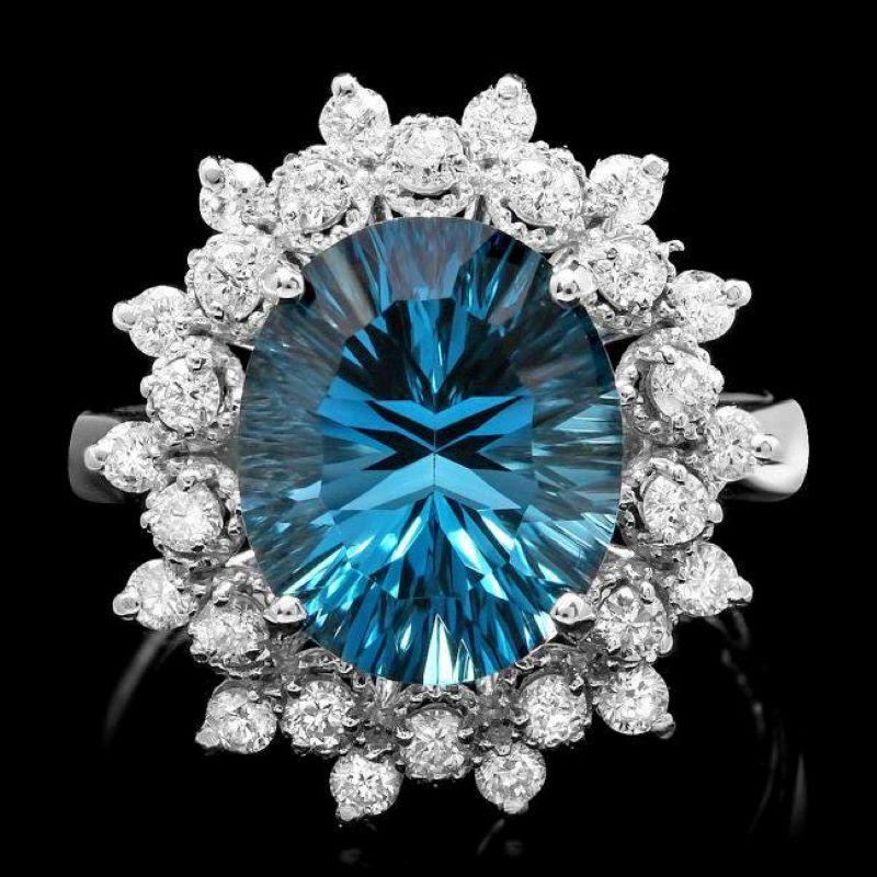 6,00 Karat Natürlicher Blautopas und Diamant 14K Massiv Weißgold Ring (Gemischter Schliff) im Angebot