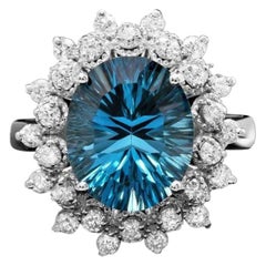 6,00 Karat Natürlicher Blautopas und Diamant 14K Massiv Weißgold Ring