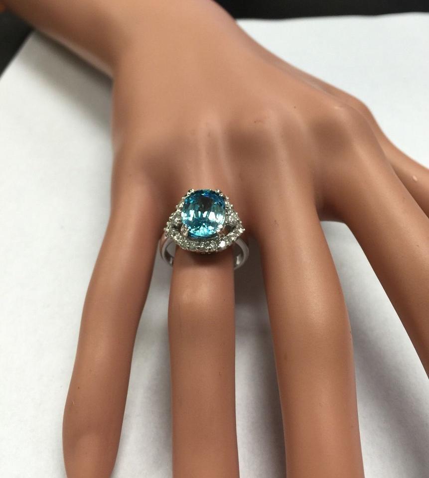 6.00 Carats Natural Blue Zircon and Diamond 14K Solid White Gold Ring For Sale 5