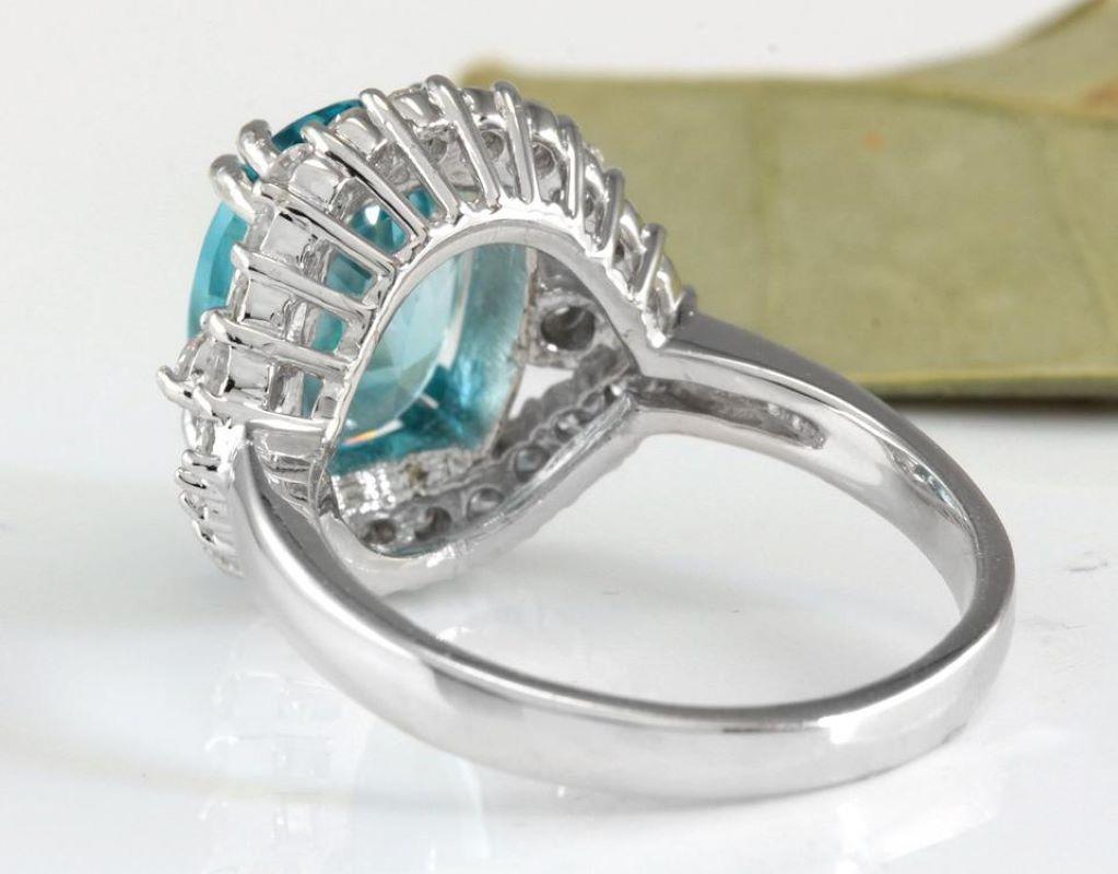 Mixed Cut 6.00 Carats Natural Blue Zircon and Diamond 14K Solid White Gold Ring For Sale