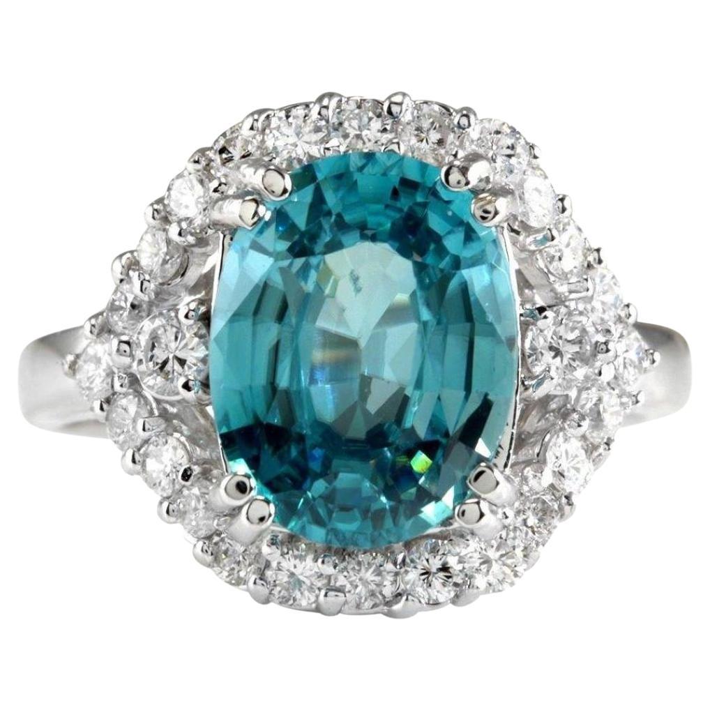 6.00 Carats Natural Blue Zircon and Diamond 14K Solid White Gold Ring For Sale