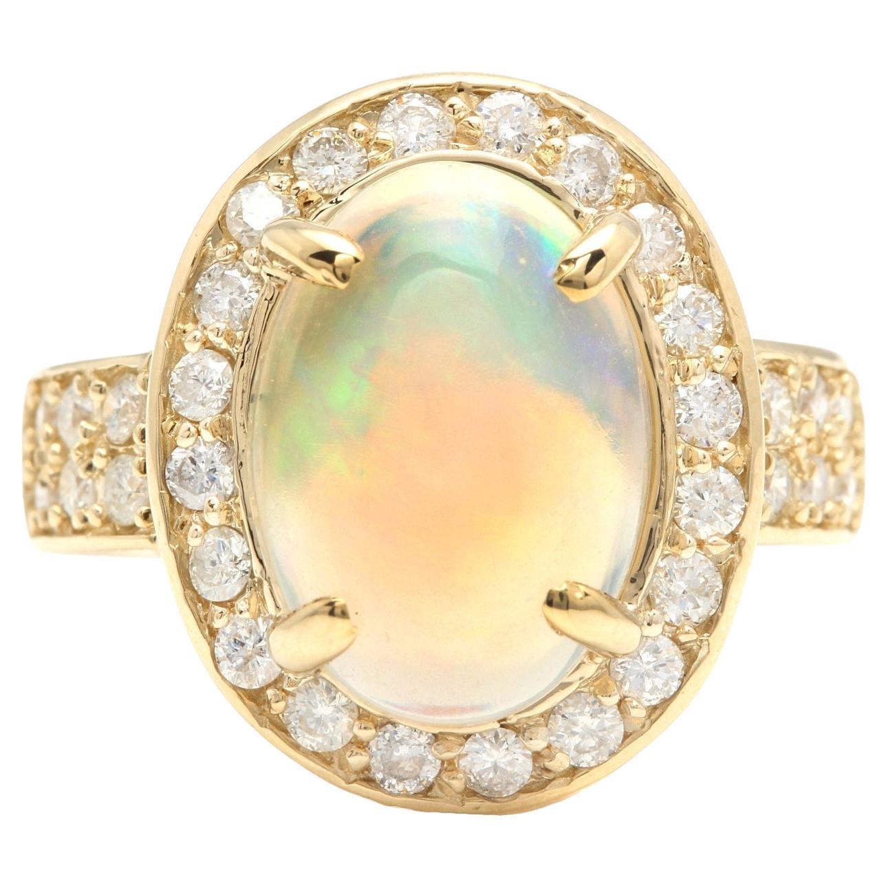 6,00 Karat natürlicher äthiopischer Opal und Diamant 14K massiver Gelbgold Ring