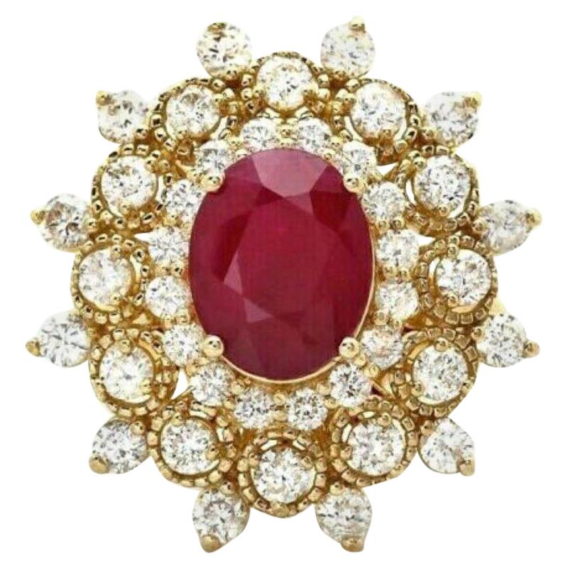 6.00 Carat Natural Red Ruby and Diamond 14 Karat Solid Yellow Gold Ring For Sale