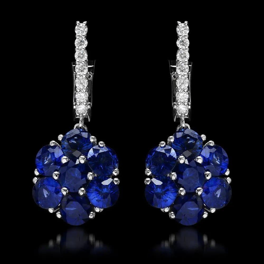 Mixed Cut 6.00 Carats Natural Sapphire and Diamond 14K Solid White Gold Earrings For Sale