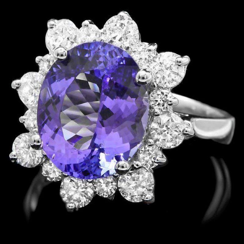 Mixed Cut 6.00 Carats Natural Tanzanite and Diamond 14K Solid White Gold Ring For Sale