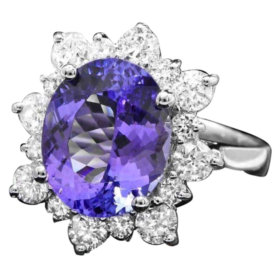 14 Karat massiver Weißgold Ring mit 6,00 Karat natürlichem Tansanit und Diamant