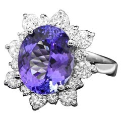 14 Karat massiver Weißgold Ring mit 6,00 Karat natürlichem Tansanit und Diamant