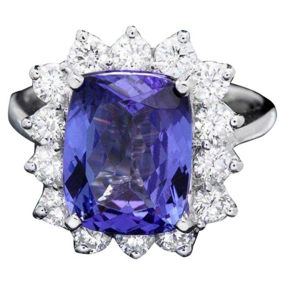14 Karat massiver Weißgold Ring mit 6,00 Karat natürlichem Tansanit und Diamant
