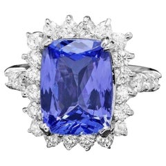 6.00 Carats Natural Tanzanite and Diamond 14K Solid White Gold Ring