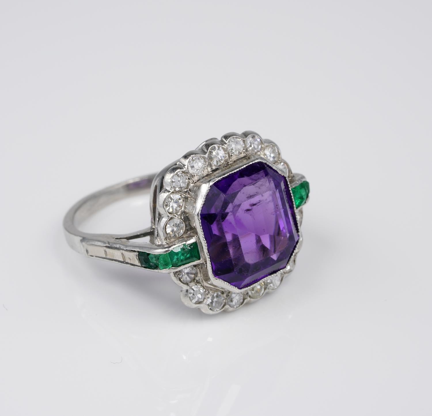 Journey to the 20's

Representative and highly distinctive Art Deco era, Amethyst, Diamond, Emerald ring
Divine right hand example so hard to come across these days
Charming and tasteful combination of colours between intense Purple, luscious