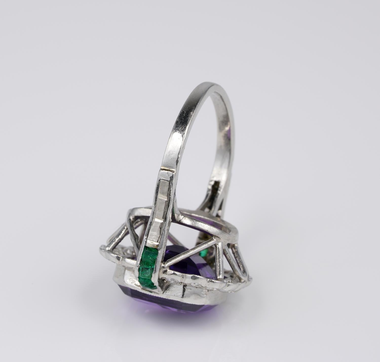 Women's 6.00 Carat Natural Siberian Amethyst Diamond Emerald Art Deco Platinum Ring