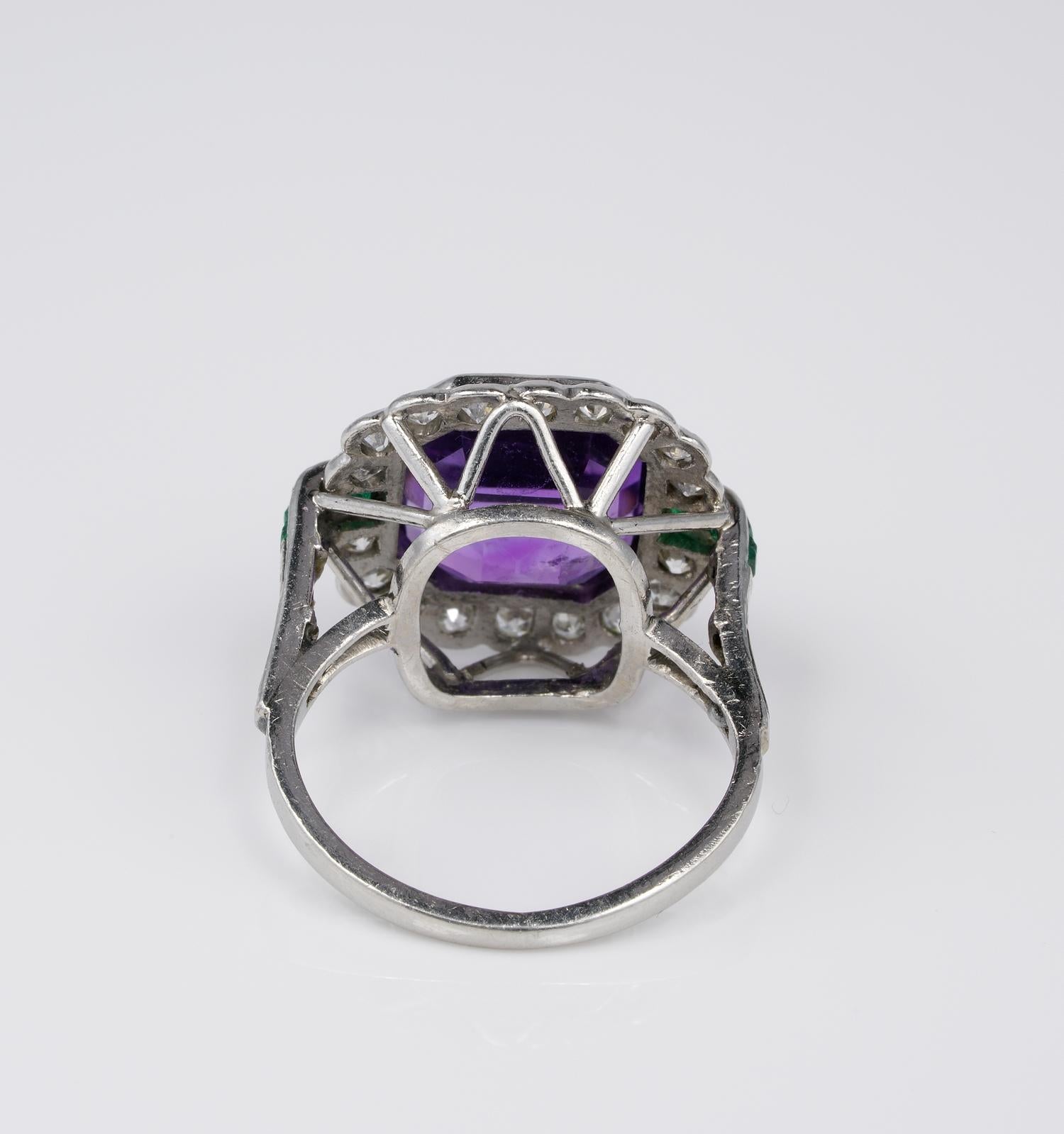 6.00 Carat Natural Siberian Amethyst Diamond Emerald Art Deco Platinum Ring 1