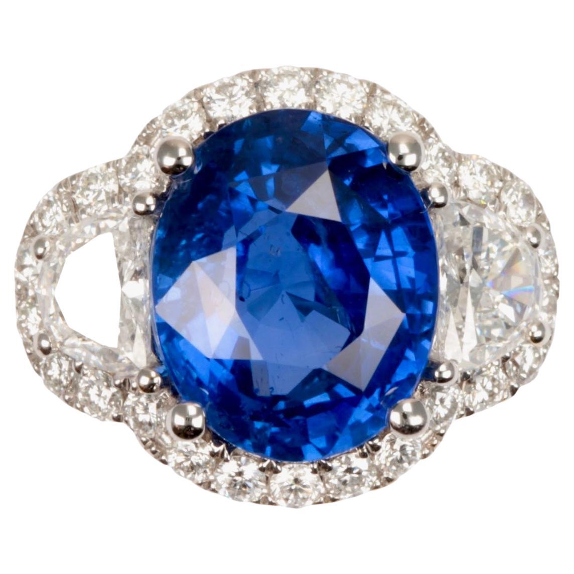 6.00 Ct Vivid Royal Blue Unheated Sapphire 'Ceylon' Diamond Ring, GRS Certified For Sale