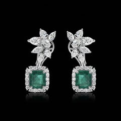 6.00 Ct Zambian Emerald and 3.58 Carat Diamond Drop Earrings in 18K White Gold