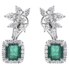 6.00 Ct Zambian Emerald and 3.58 Carat Diamond Drop Earrings in 18K White Gold