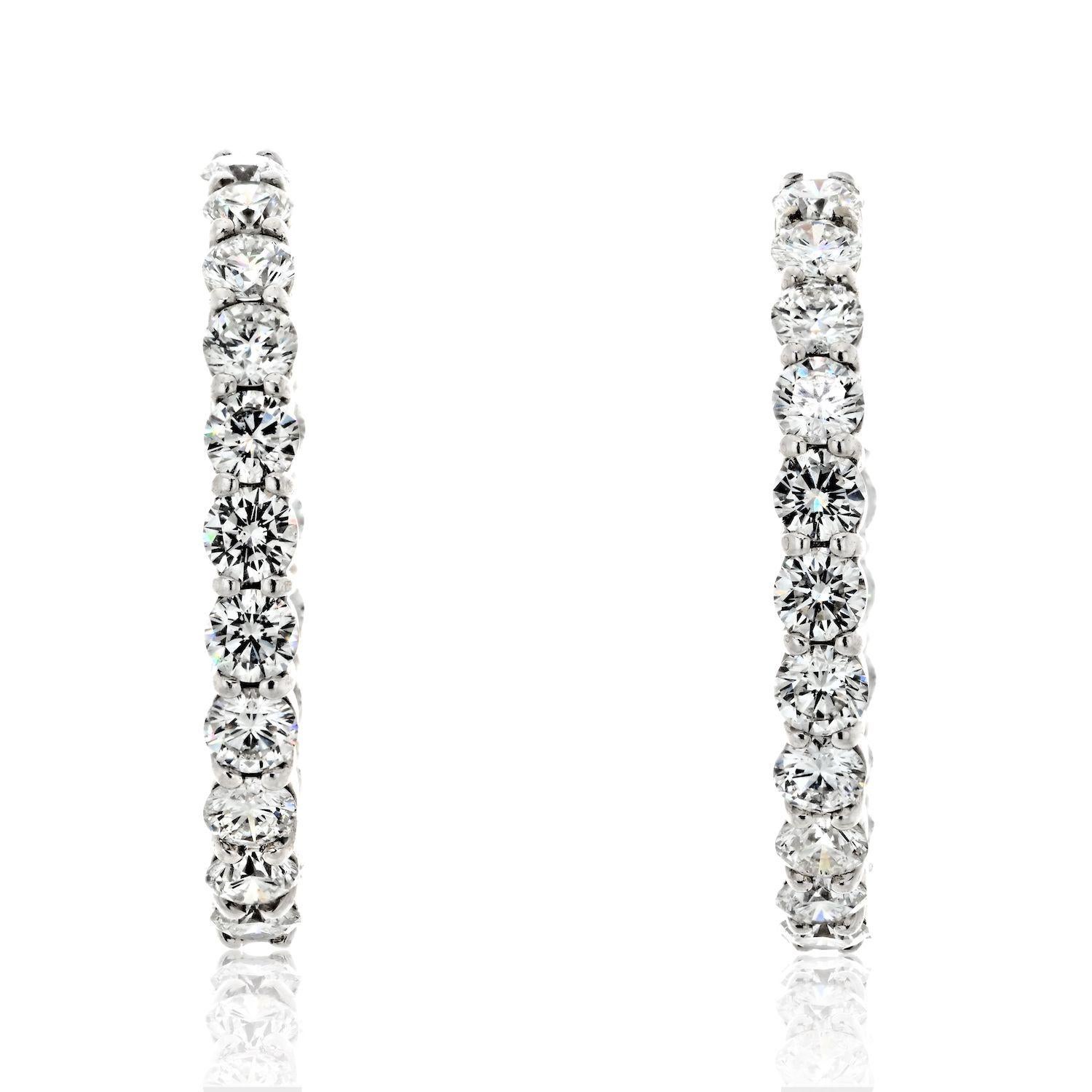 6.00cttw 18k White Gold Round Cut Diamond Hoop Earrings In Excellent Condition For Sale In New York, NY