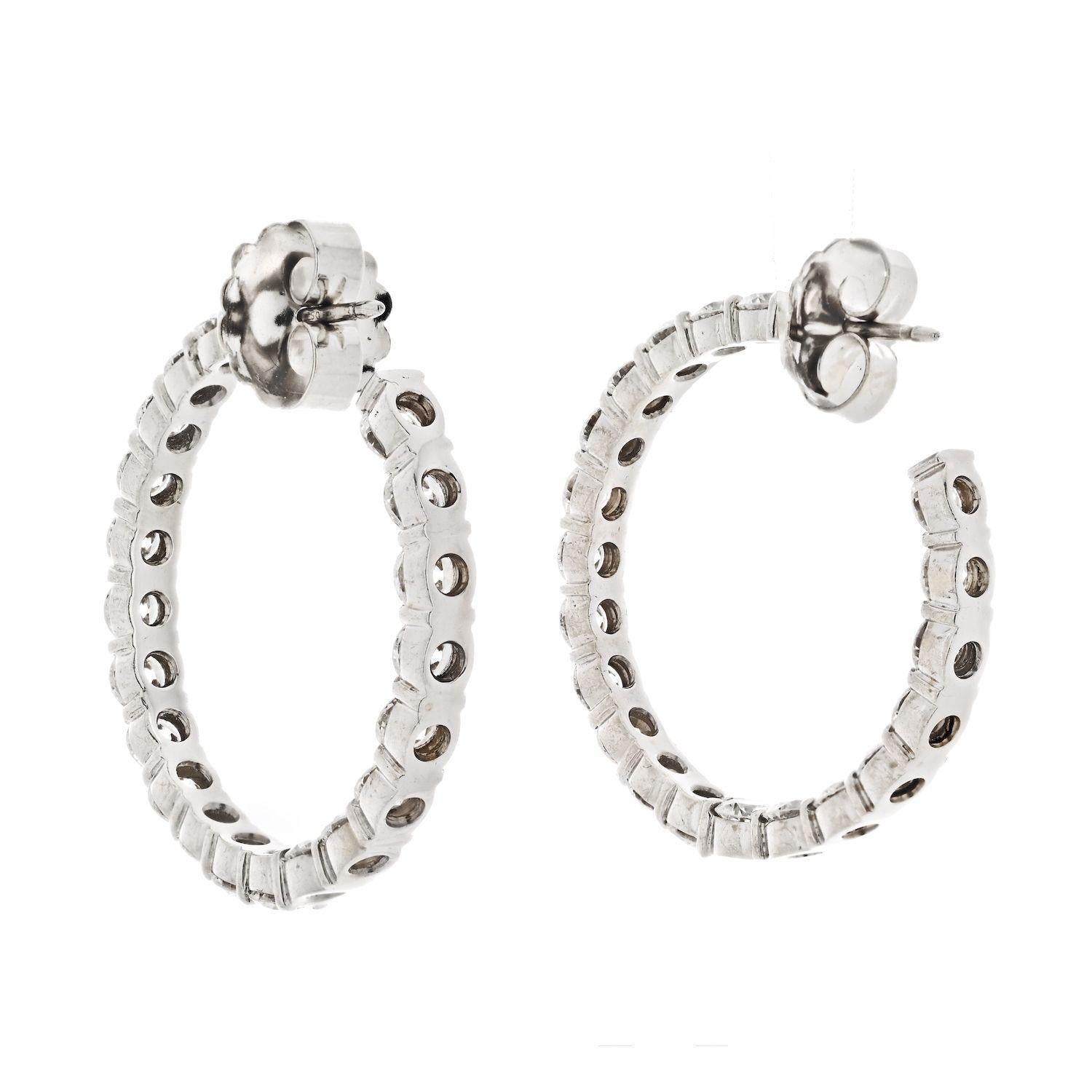 Women's 6.00cttw 18k White Gold Round Cut Diamond Hoop Earrings For Sale