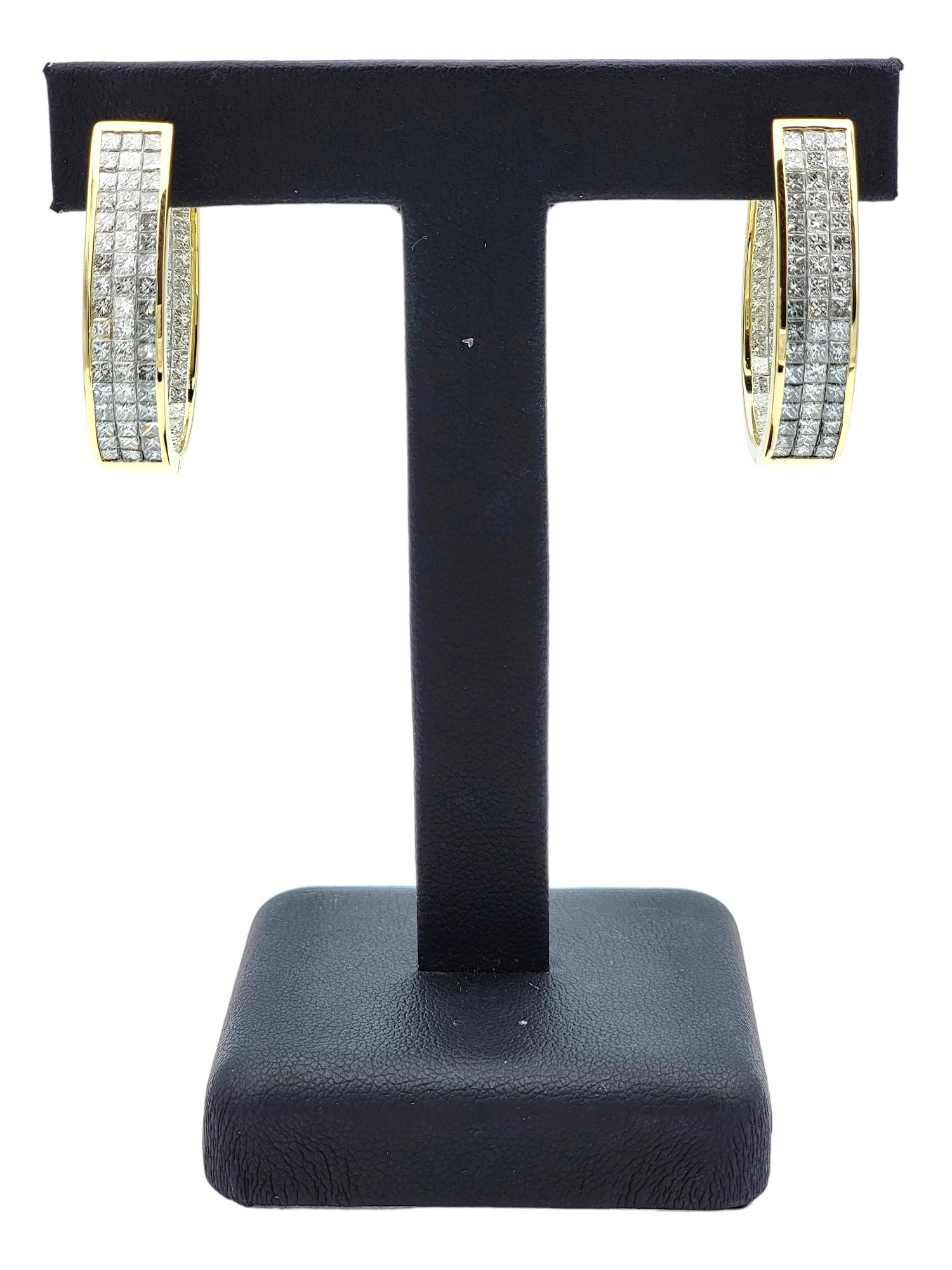 6.00 Total Carat Princess Cut Diamond Hoop Earrings Set in 18 Karat Yellow Gold For Sale 7