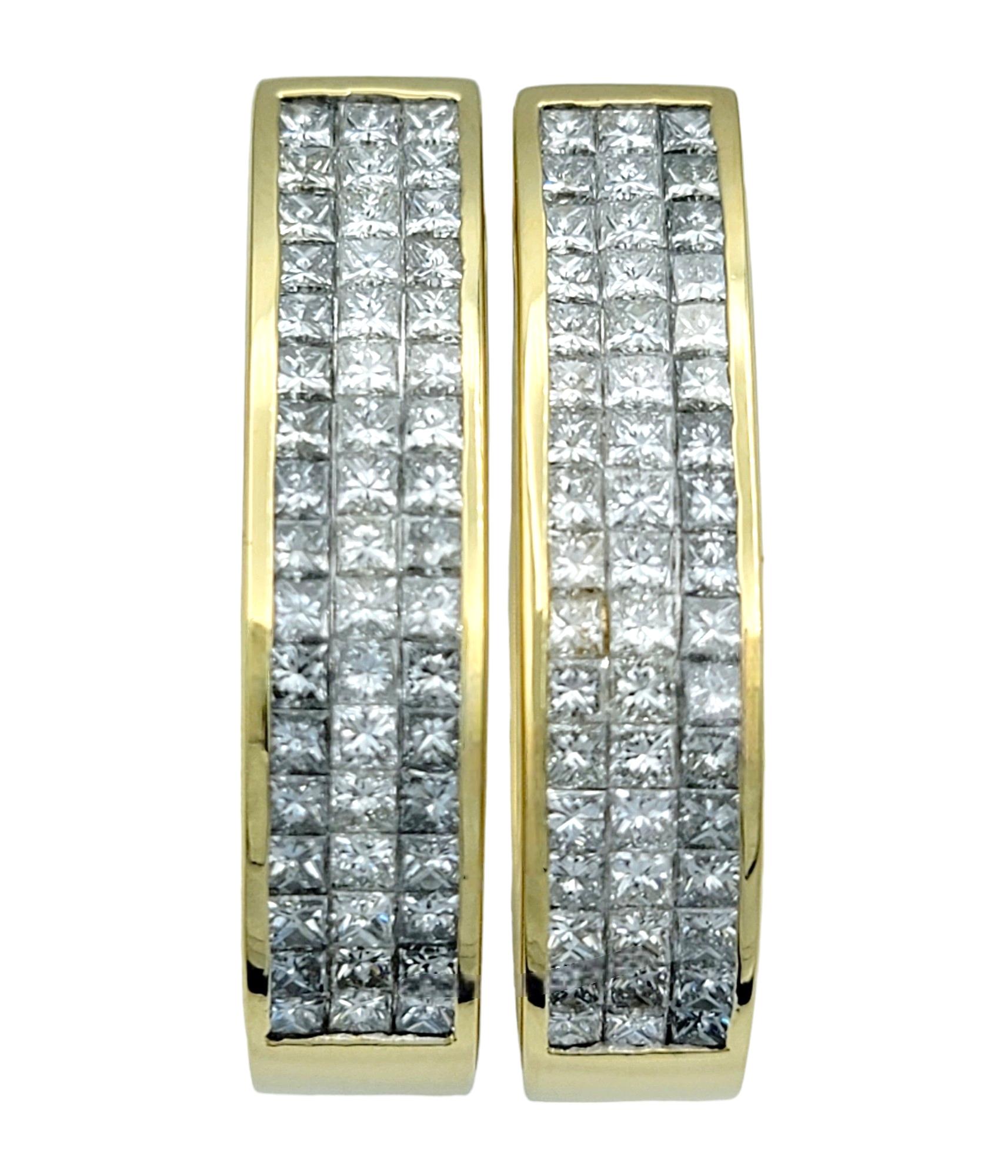 Contemporary 6.00 Total Carat Princess Cut Diamond Hoop Earrings Set in 18 Karat Yellow Gold For Sale