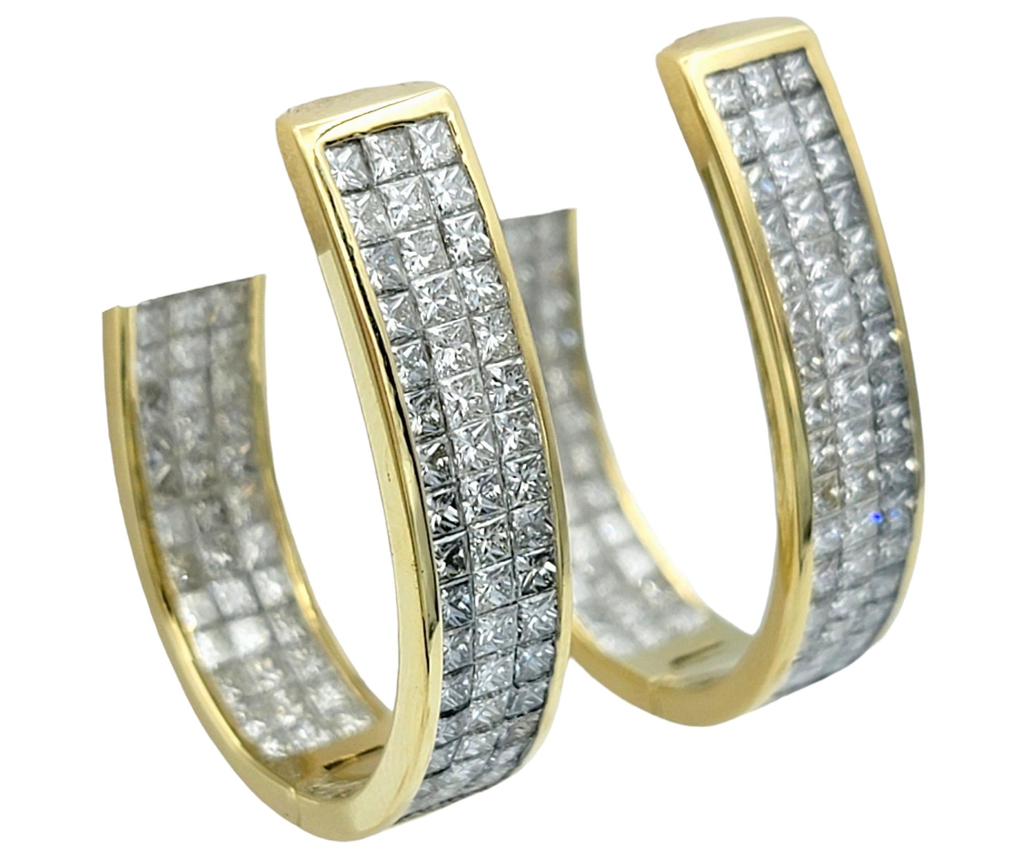 Women's 6.00 Total Carat Princess Cut Diamond Hoop Earrings Set in 18 Karat Yellow Gold For Sale