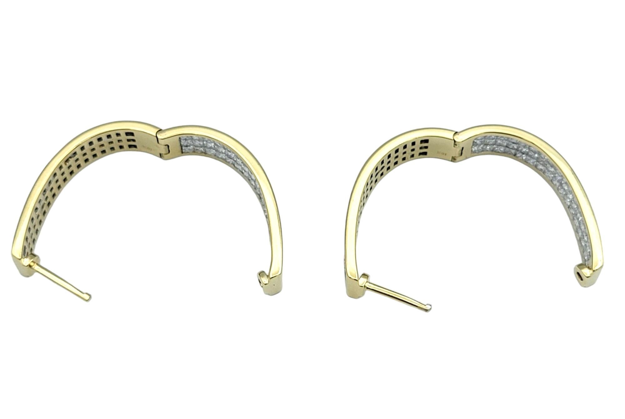 6.00 Total Carat Princess Cut Diamond Hoop Earrings Set in 18 Karat Yellow Gold For Sale 3