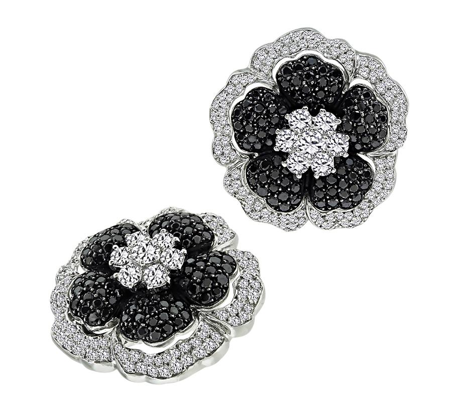 Taille ronde Boucles d'oreilles fleurs en diamant 6,00ct et diamant noir 3,50ct en vente