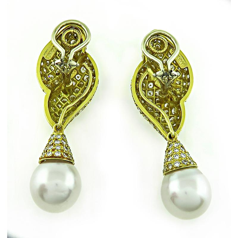 6,00ct Diamant-Perlen-Gold-Ohrringe für Tag und Nacht im Zustand „Gut“ im Angebot in New York, NY