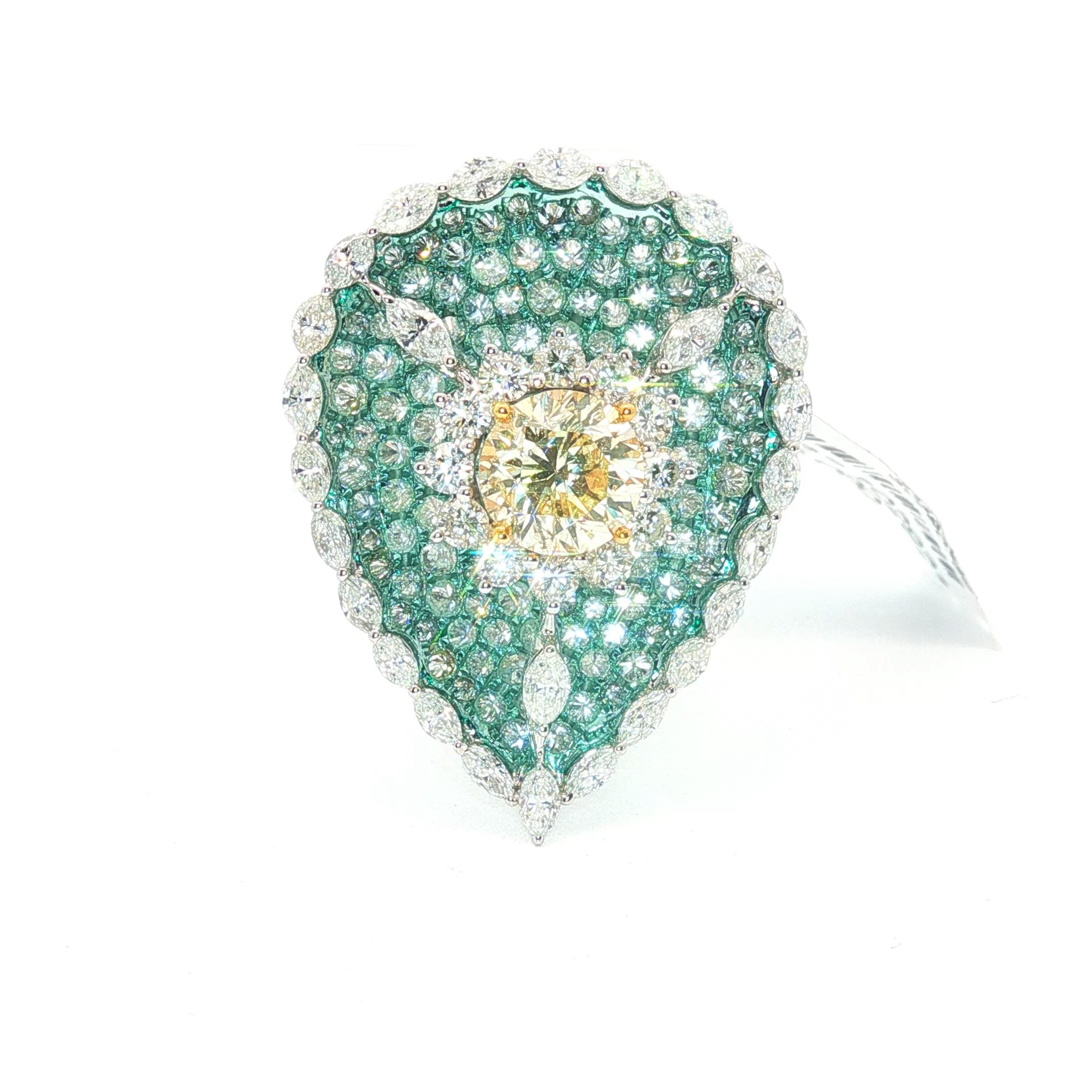 6,00ct Fancy Yellow Diamond Teal Smalto Marquise e Diamante Rotondo Oro Bianco 18K in vendita 2